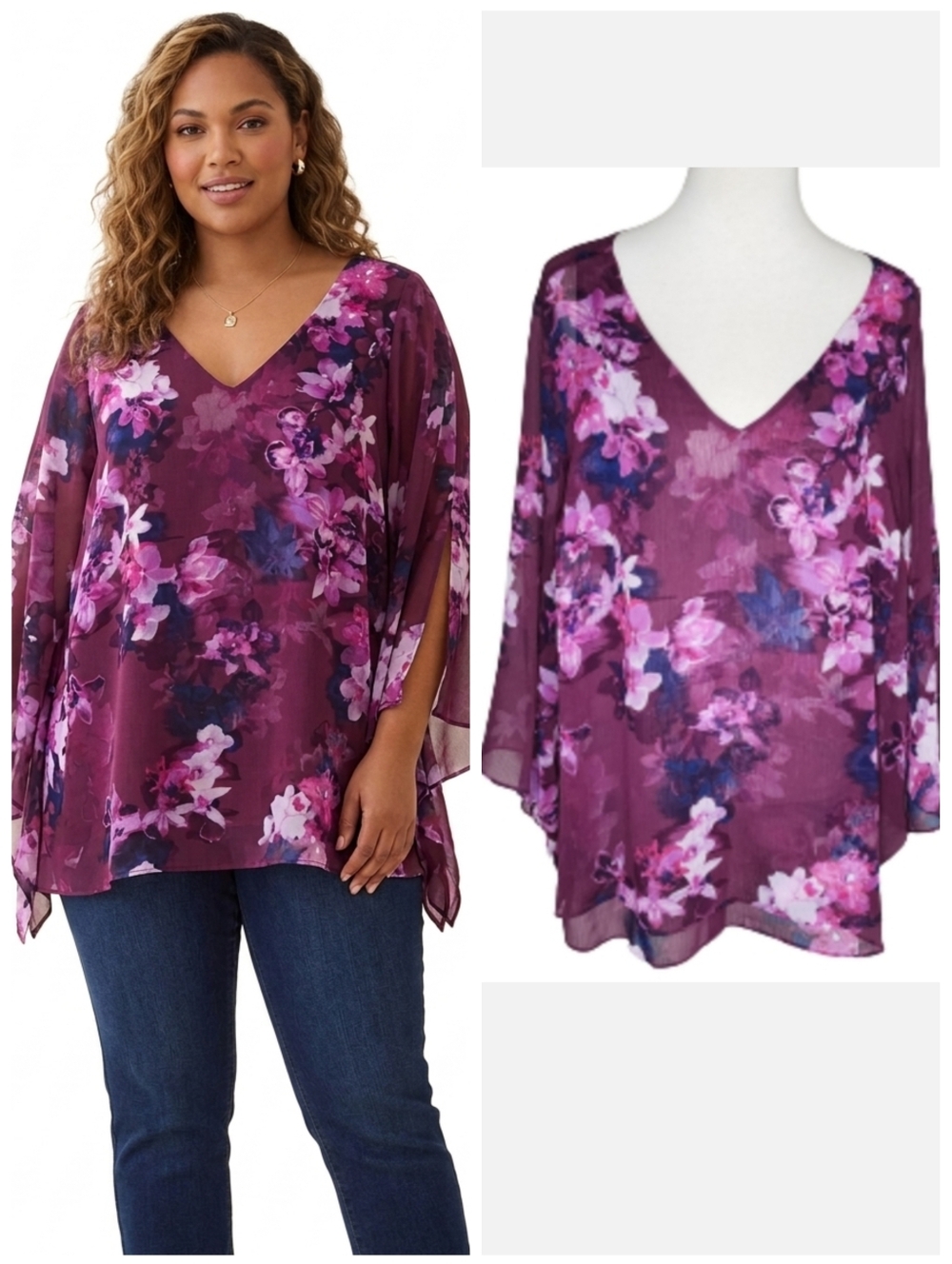 Jennifer Lopez floral sheer blouse with bell sleeves Women's Plus Size 1X